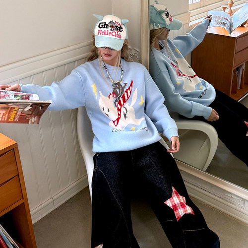 梁拌泡菜LBPC美式复古小狗印花毛衣休闲百搭上衣圆领长袖衫