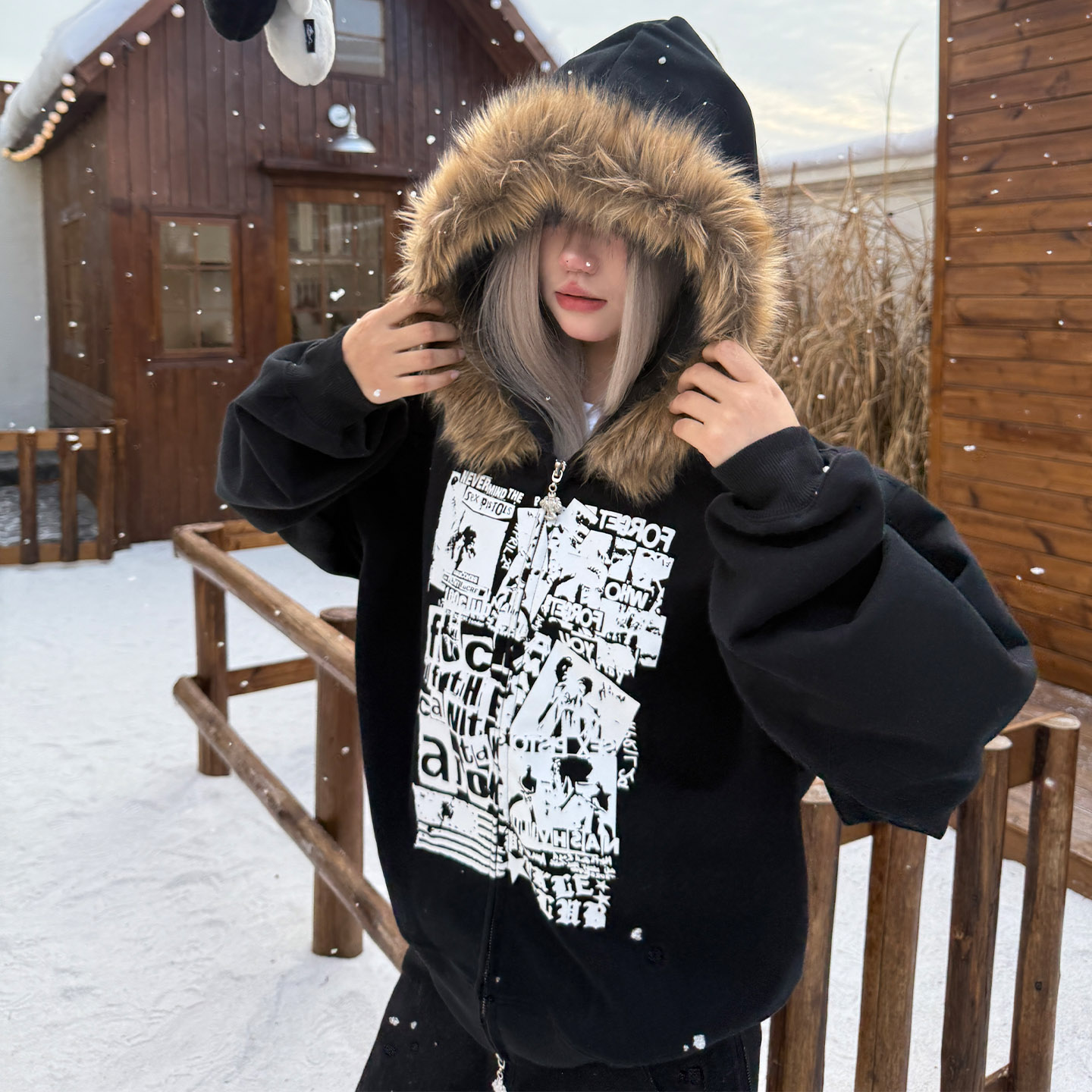 梁拌泡菜美式复古连帽拉链加绒卫衣男女宽松涂鸦印花长袖上衣外套