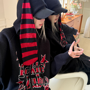 梁拌泡菜美式 复古幽灵红黑拼色毛衣外套男女宽松休闲百搭情侣帽衫