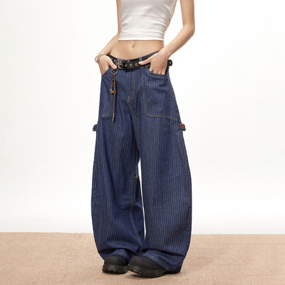 梁拌泡菜美式复古条纹水洗做旧牛仔裤休闲百搭阔腿裤宽松工装裤