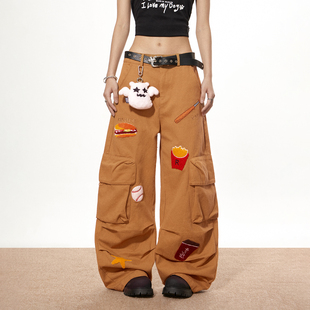 梁拌泡菜美式复古趣味刺绣工装裤休闲百搭宽松长裤多口袋阔腿裤子