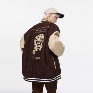 清仓美式 拼接宽松棒球服夹克 复古魔方棋盘格刺绣pu皮袖