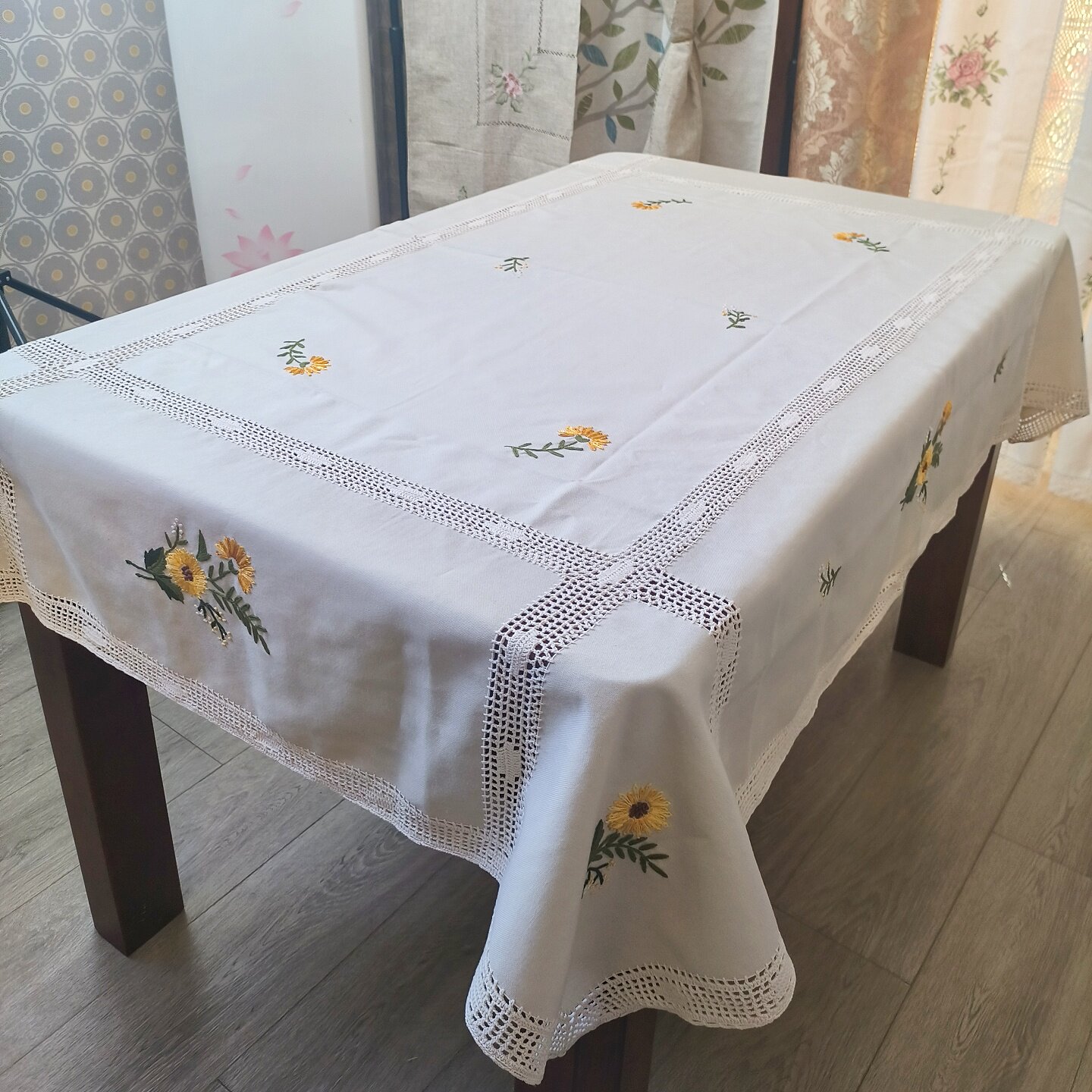 棉麻混纺加厚刺绣桌布手工钩织手工布艺立体麻绳绣135x180正方形