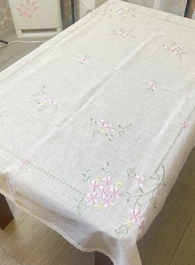 外贸栀子花原白色竹节布绣花桌布150x220长方形餐桌布茶几布田园