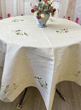 亚麻刺绣圆形桌布圣诞花环绣花布