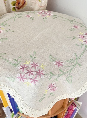 亚麻刺绣盖巾60×60铃兰少女刺绣布艺出口包邮85x85床头柜微波炉