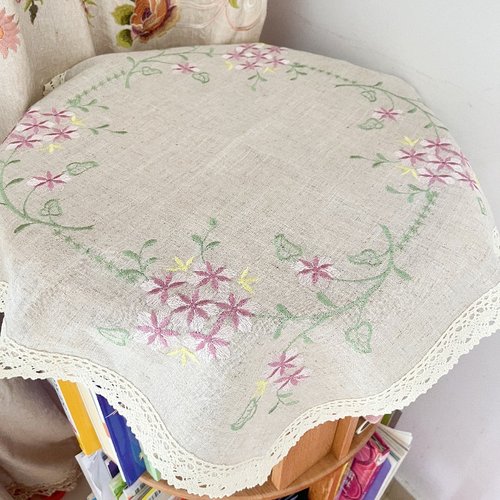 亚麻刺绣万能盖巾60×60刺绣盖布