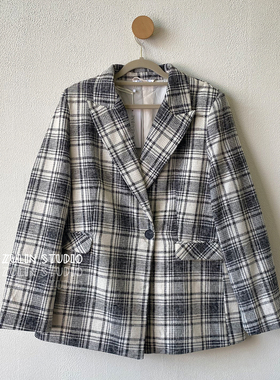 外贸单 羊毛格子西装moko同款春秋薄款质感宽松显瘦百搭外套