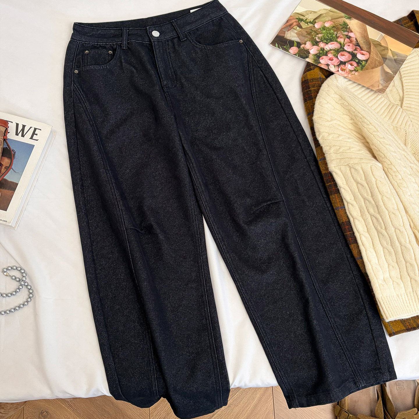 冬季磨毛保暖牛仔裤女冬季深蓝色直筒阔腿裤显瘦大码长裤,女装/女士精品,牛仔裤,淘宝优惠券,粉丝福利购,淘宝优惠卷
