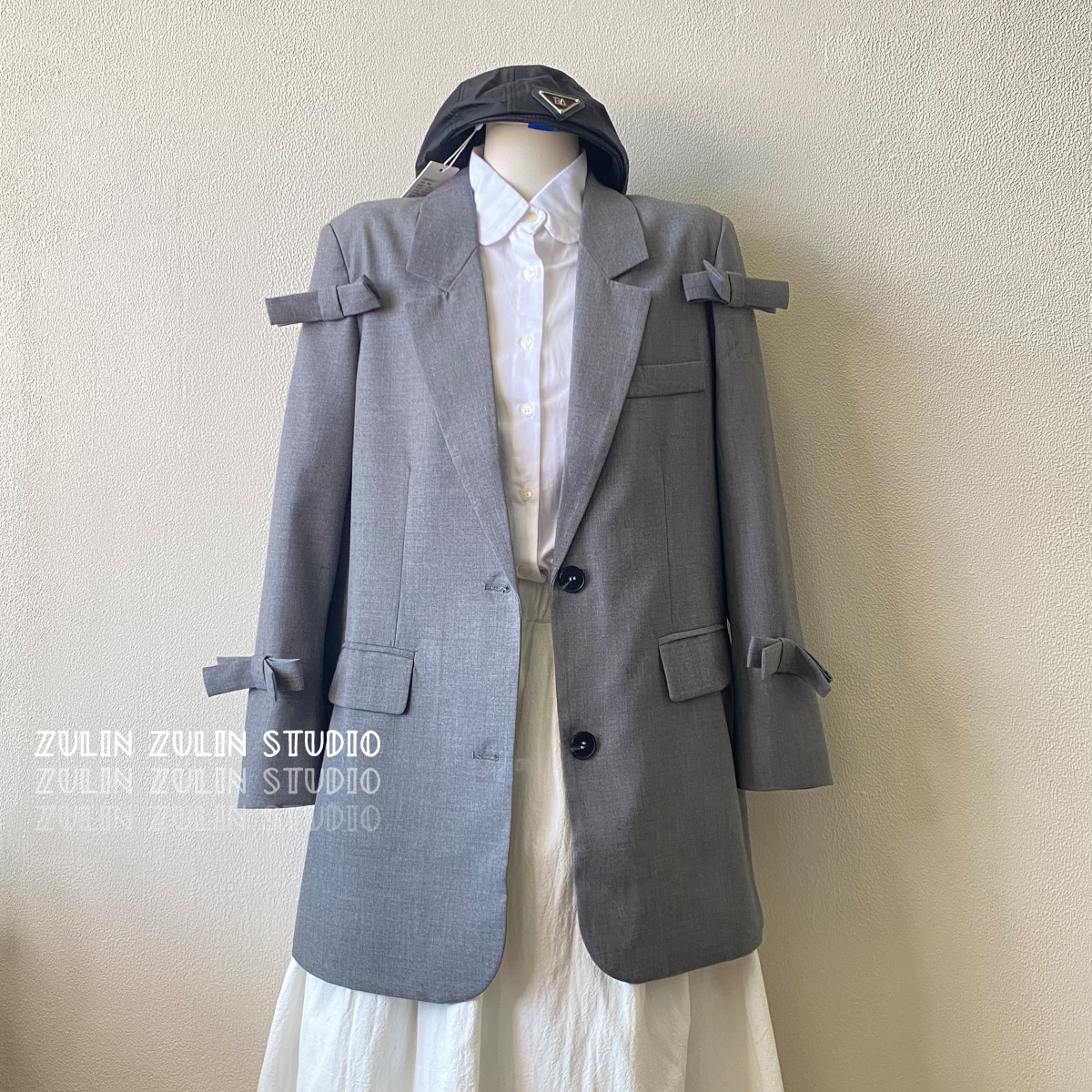 意法高端设计款西装春季新款长袖外套蝴蝶结高级长西服D10302