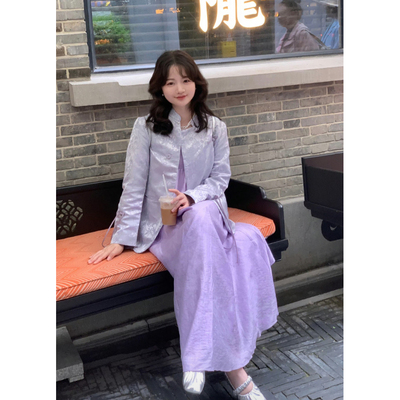 《月辉》原创国风 古典淡紫提花中山领改良新中式西装D20304