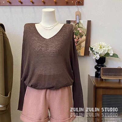 小末家38%羊毛衫V领针织衫秋冬宽松长袖微透上衣E20203