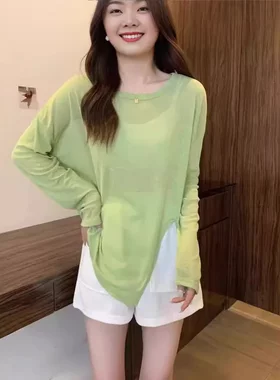 秋装女2025年新款牛油果绿别致长袖防晒小罩衫宽松不规则开叉上衣
