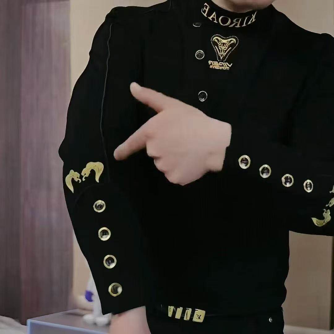 春秋款男士纽扣印花字母金蛇修身秋季半高领冬季加绒加厚卫衣