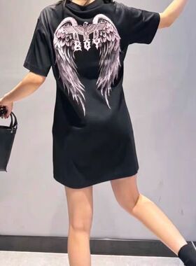 boy夏季新品烫钻老鹰翅膀女式休闲宽松时尚百搭全棉针织圆领短裙