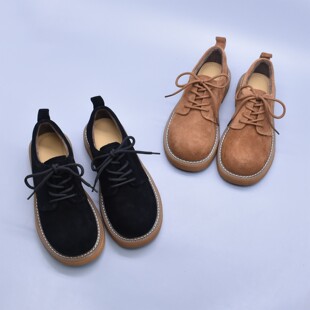 微瑕新款磨砂真皮系带单鞋女厚底圆头休闲小皮鞋复古软底工装鞋子