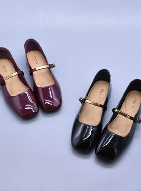 春夏新款小金条女单鞋红色复古赫本风小皮鞋浅口法式镜面玛丽珍鞋