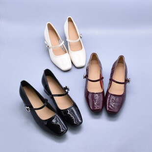 包邮 玛丽珍复古褶皱方头一字带真皮中跟浅口单鞋 法式 微瑕牛皮新款