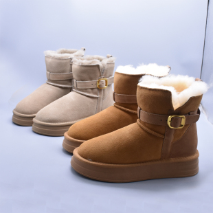 潮 真皮毛毛两穿棉鞋 羊毛筒加绒厚底中筒雪地靴女增高2025冬季 新款