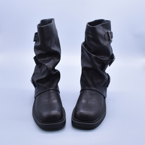 2025绒里百搭皮带扣中筒靴子女鞋单靴复古粗跟西部裤管靴堆堆靴女