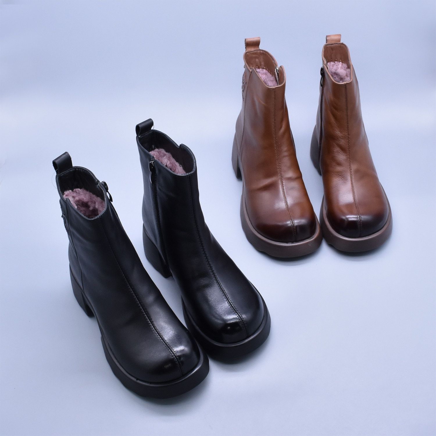 头层牛皮短靴瘦瘦靴圆头平口侧拉链休闲软底真皮休闲羊毛裸靴包邮