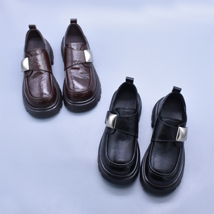 休闲乐福鞋 百搭厚底单鞋 英伦风魔术贴秋季 复古圆头小皮鞋 潮 软软