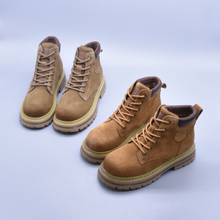 秋冬英伦风黄色靴子厚底加绒女靴牛绒皮大黄靴百搭大黄蜂马丁靴潮