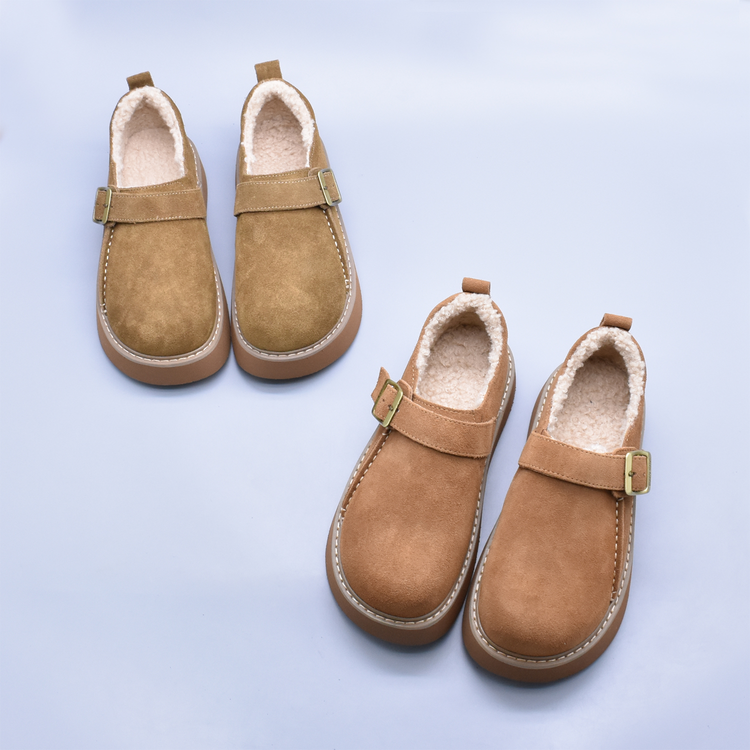 冬季新款百搭厚底加绒圆头毛毛鞋女鞋复古休闲勃肯鞋软底加绒棉鞋