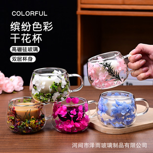 跨境网红真花双层玻璃杯高颜值伴手礼咖啡杯高硼硅简约圆趣喝水杯