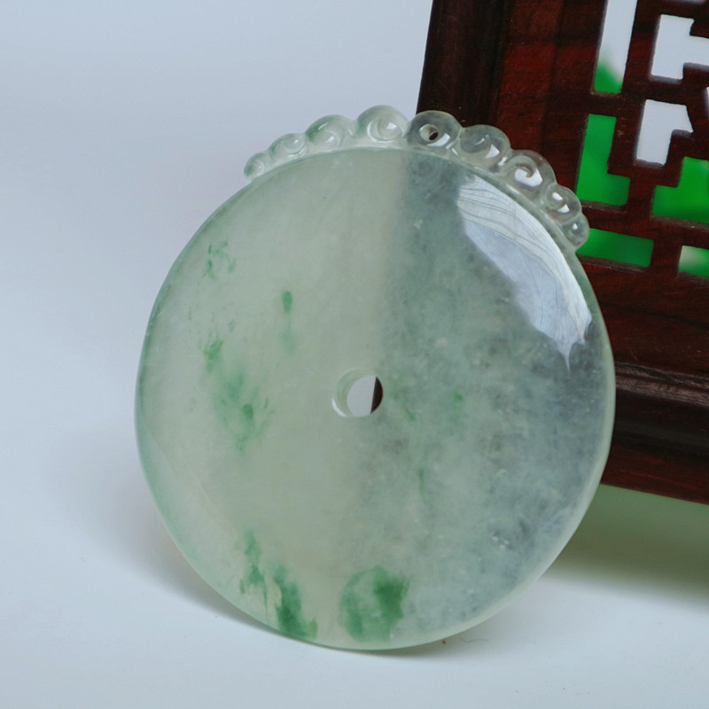 天然缅甸A货翡翠平安扣吊坠男女款冰种玉石项链飘绿花珠宝玉扣