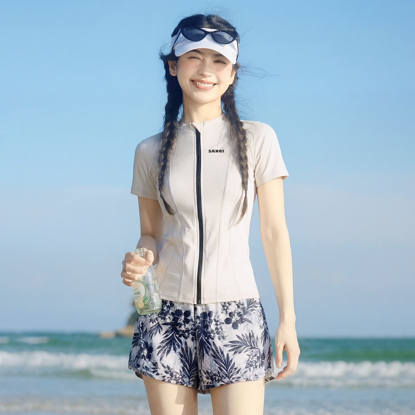 保守防晒大码短袖短裤分体泳衣女