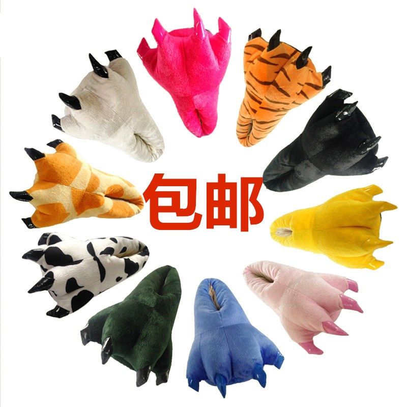 厂家直销卡通动物连体冬天睡衣恐龙奶牛配套爪子鞋夹棉拖鞋保暖鞋