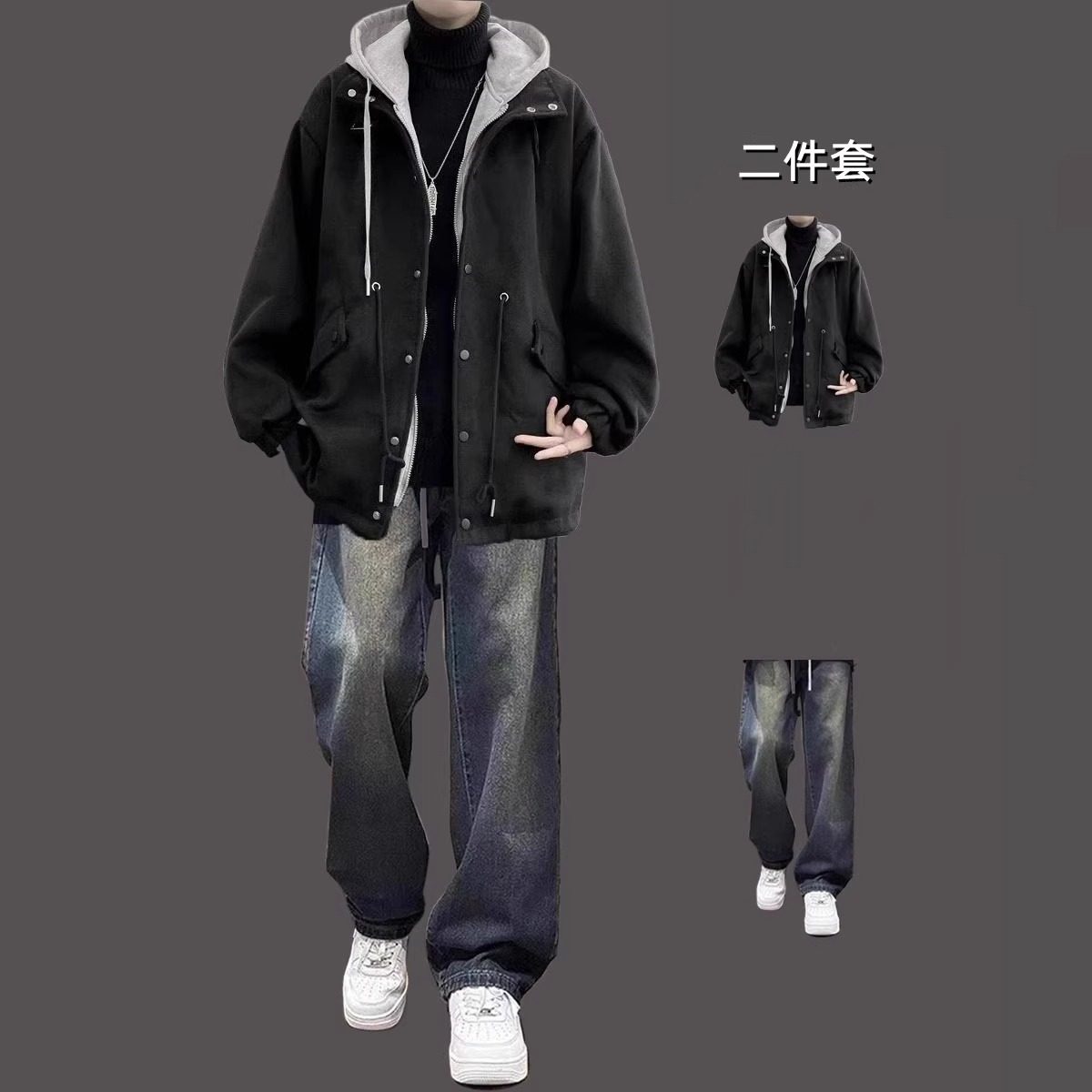 美式潮牌连帽毛呢外套男套装秋冬季高级感假两件夹棉加厚夹克棉衣,男装,休闲运动套装,淘宝优惠券,粉丝福利购,淘宝优惠卷