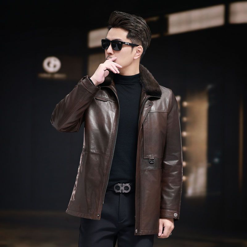 2025新款中老年山羊皮真皮皮衣男士整貂内胆中长款翻领貂皮外套冬