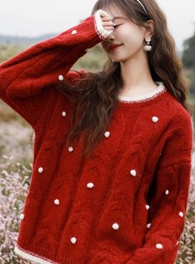 圣诞新款红色2023绞花毛衣秋冬宽松设计麻花套头感小众上衣针织衫