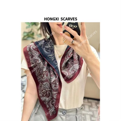 Hongxi Scarves/鸿晰丝巾丝毛双面凤尾腰果花60方巾时尚百搭B332