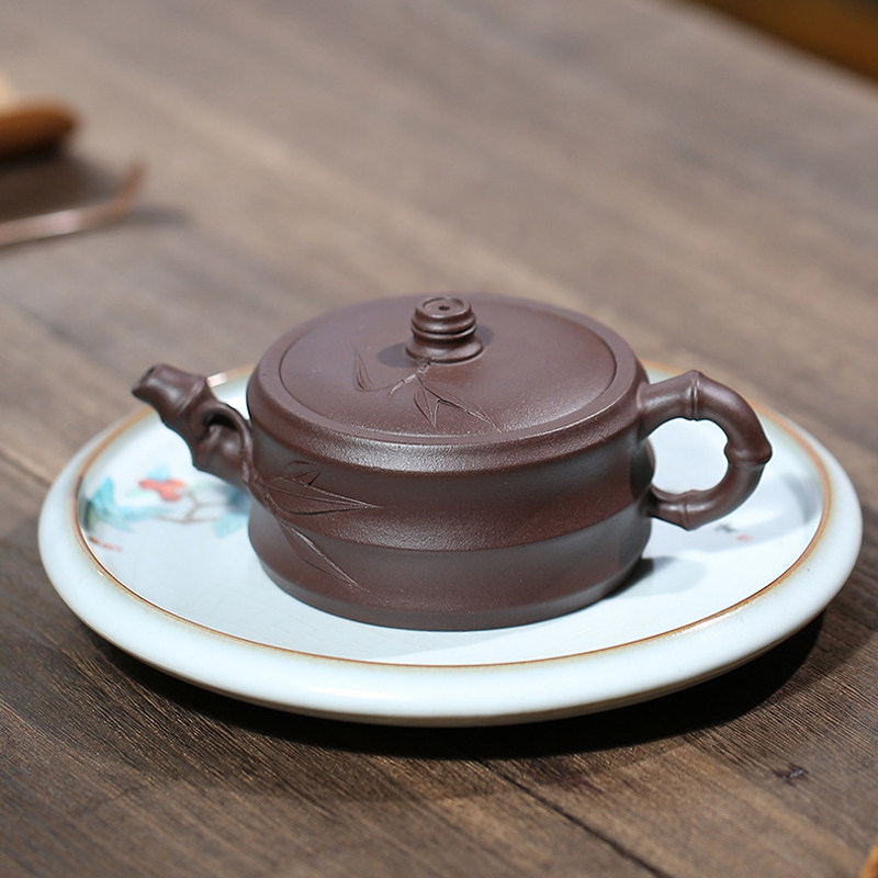 家用泡茶壶宜兴名家手绘紫砂壶原矿紫泥竹段单壶中式复古功夫茶具