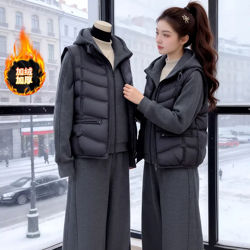 冬季加绒加厚连帽女运动三件套