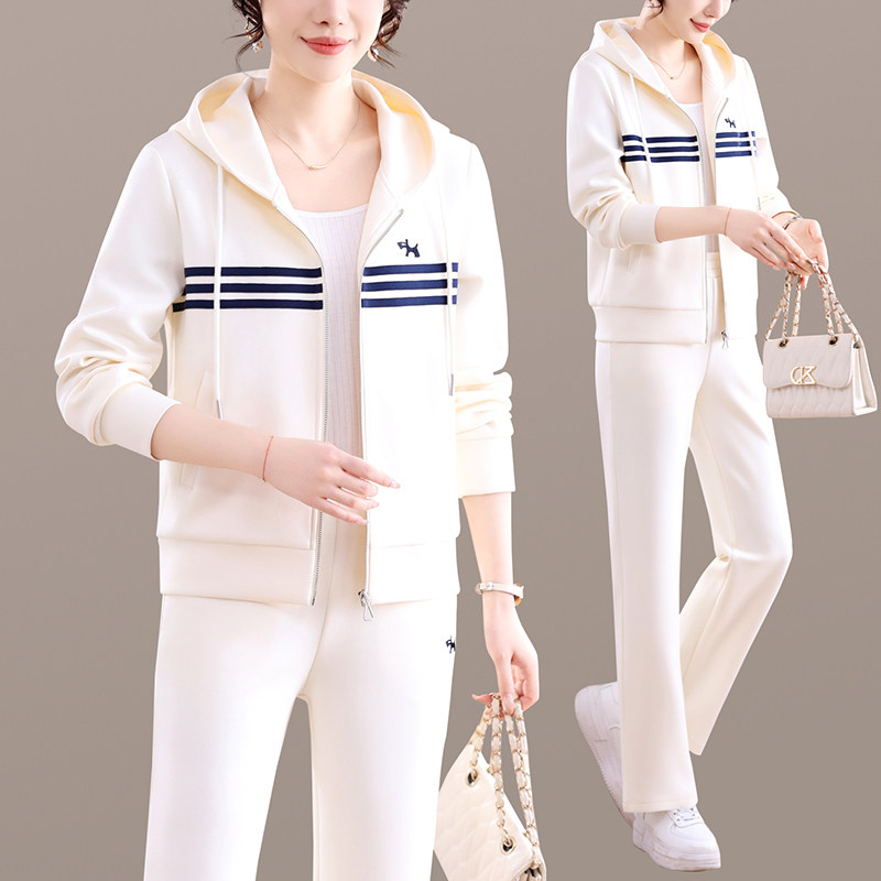 休闲运动套装女2026春新款连帽开衫条纹两件套时尚减龄慵懒风