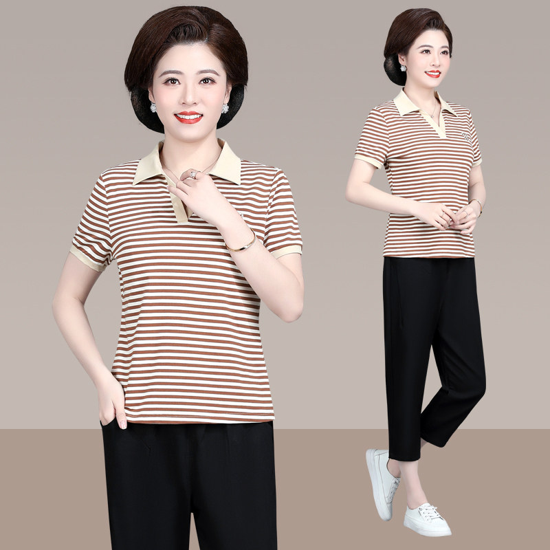 妈妈运动服套装女上衣中老年人妇女洋气休闲polo衫短袖t恤上衣T夏