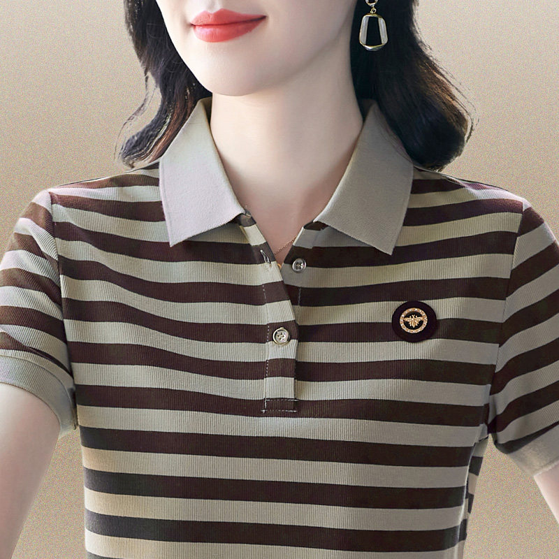 洋气短袖t恤女夏装2026新款品牌妈妈条纹polo衫宽松上衣大码翻领
