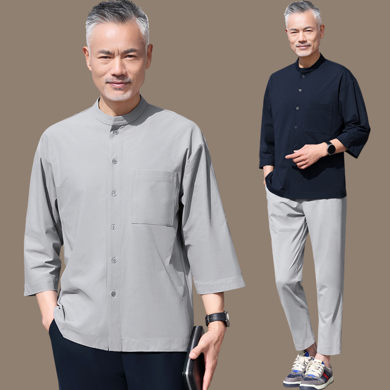 2025新款爸爸夏装套装中老年人长袖七分袖衬衫男夏季爷爷上衣服70