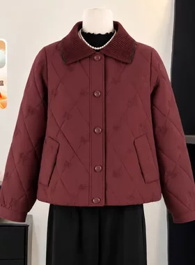 酒红菱格女款短款保暖棉服