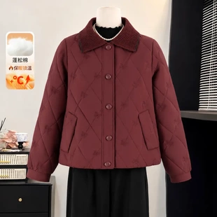 酒红色菱格纹棉服女翻领短款保暖棉衣外套妈妈装新款