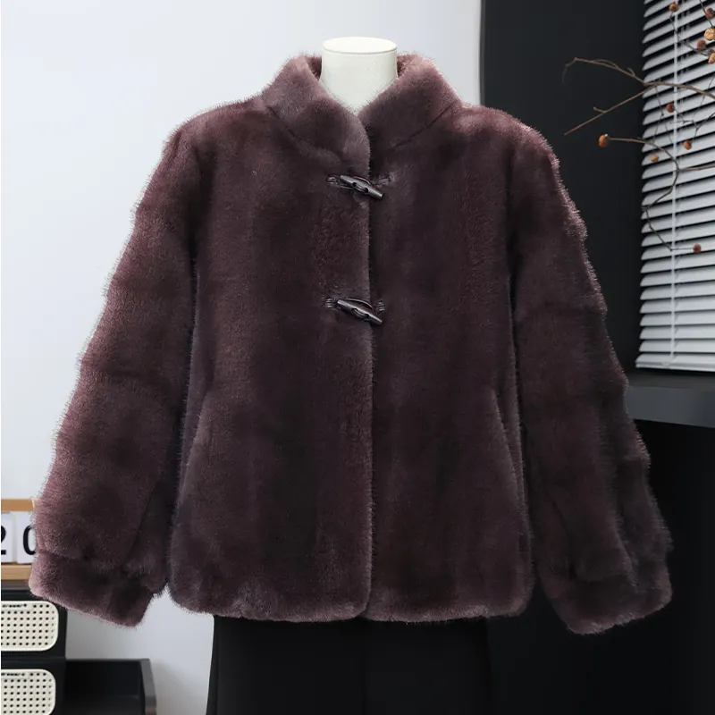 新中式立领牛角扣毛呢女棉服保暖