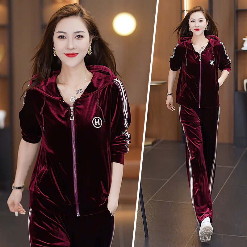 金丝绒连帽卫衣运动套装女春秋