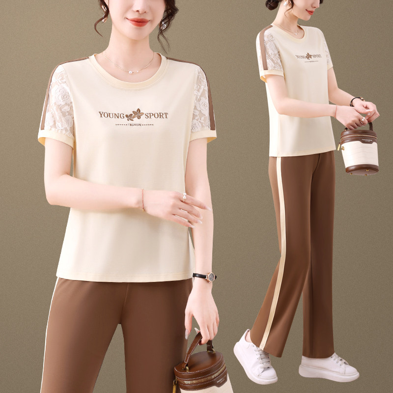 中年妈妈夏装休闲运动套装女2026新款中老年夏季短袖t恤洋气上衣