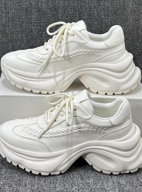 欧洲站2026新款真皮松糕厚底小白鞋欧货增高爆款白色编织老爹鞋女