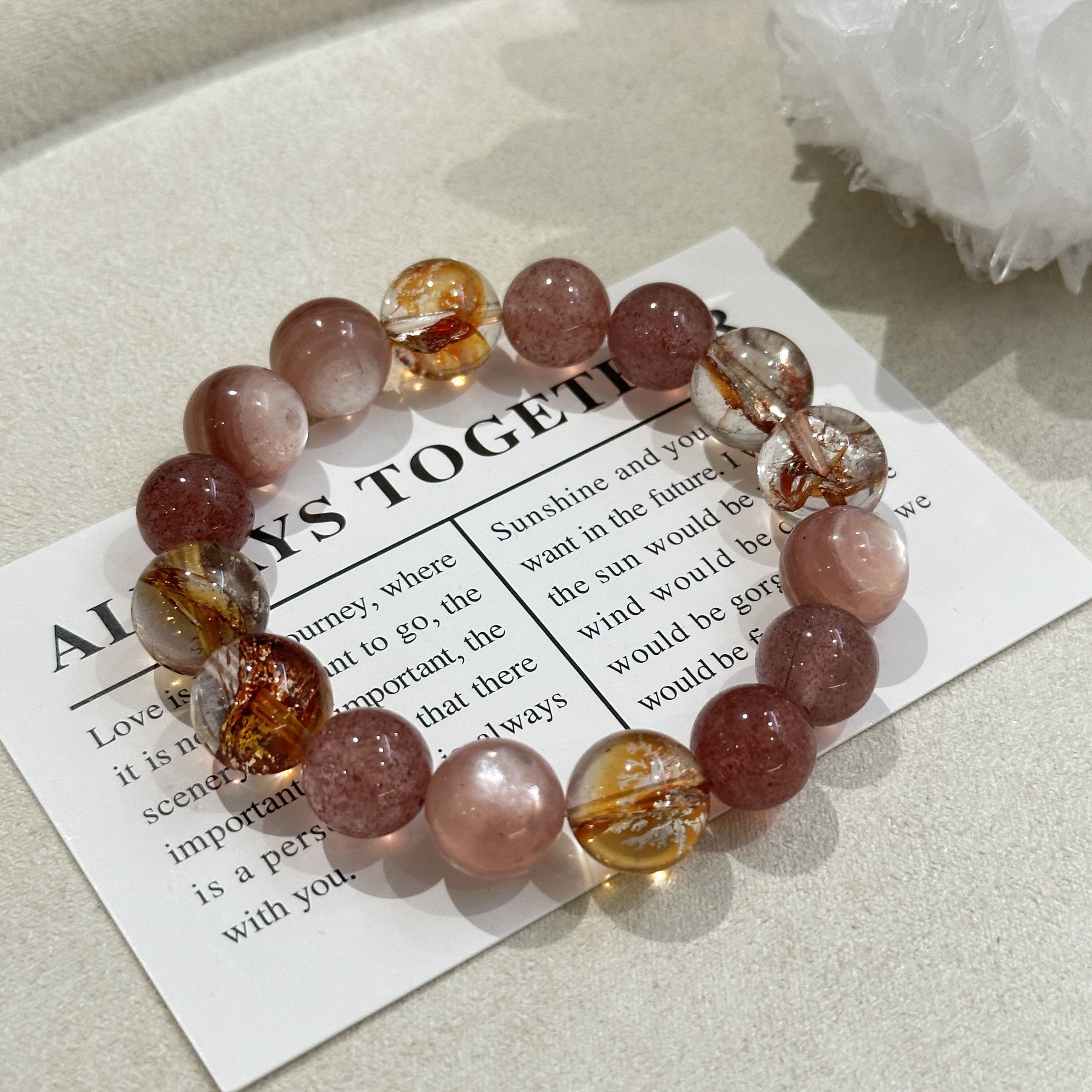 天然锂云母手串~草莓晶金箔胶花粉锂云母手链女款轻奢高级感手