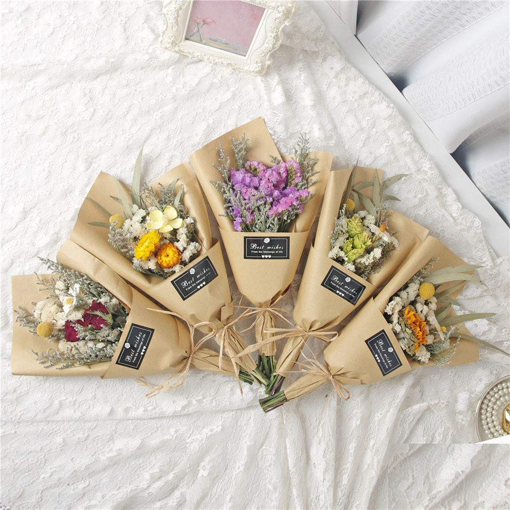 干花花束真花礼袋套装玫瑰小雏菊网红妇女节礼物家居装饰拍摄道具